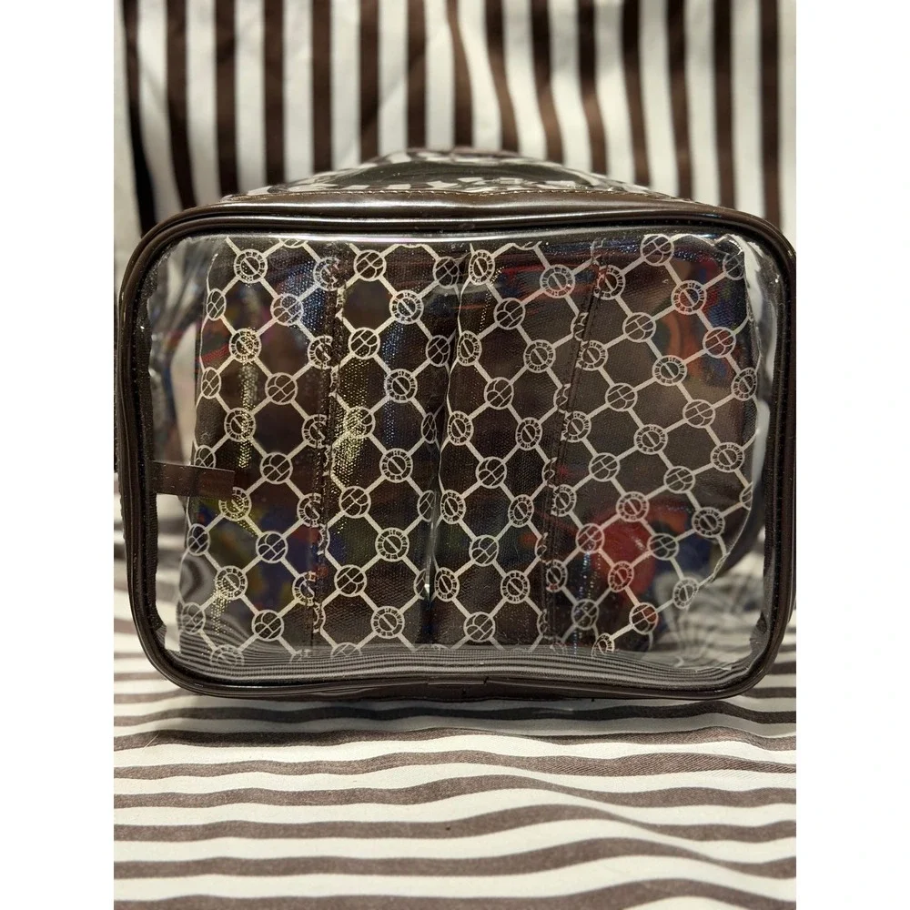 Henri Bendel Clear 3 Piece Cosmetic Case Set Brown White Striped Travel Bag